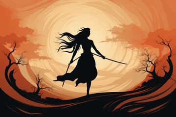 Wall Mural - A fierce and fearless warrior woman, wielding a double-bladed axe and commanding the forces of storm and wind. - Generative AI