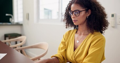 Poster - Business, woman and typing on laptop for remote work with glasses, freelance project and research in dining room. Copywriter, employee and writing email with proposal, blog editing or online planning