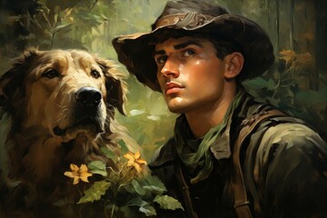 Wall Mural - A woodland ranger, attuned to nature and accompanied by a loyal animal companion. - Generative AI