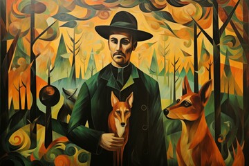 Wall Mural - A woodland ranger, attuned to nature and accompanied by a loyal animal companion. - Generative AI