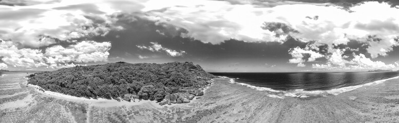 Canvas Print - Aerial view of Seychelle Islands. La Digue panorama at sunset