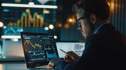 Leinwandbilder - A businessman reviewing stock market data on a laptop screen while working in a modern office environment