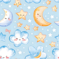 cute seamless pattern moon and star cartoon on background in watercolor style.