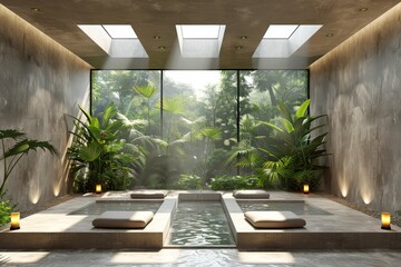 Canvas Print - Luxurious modern spa with indoor plants, natural light, and tranquil atmosphere, perfect for relaxation and rejuvenation