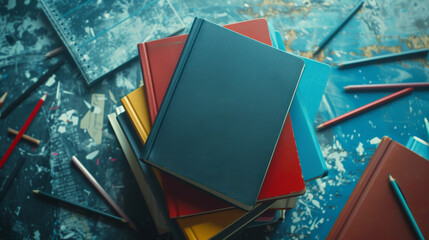 Poster - A stack of books with a blue book on top