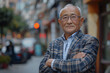 © SITI - Distinguished Elderly Asian Man in a Plaid Jacket Standing Confidently on a City Street