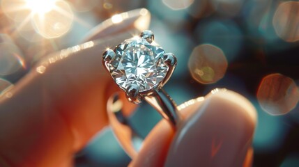 Poster - A close-up of a sparkling diamond ring on a woman's finger, catching the light with brilliance
