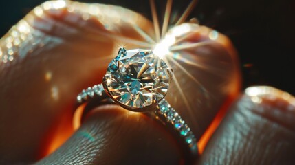 Poster - A close-up of a sparkling diamond ring on a woman's finger, catching the light with brilliance