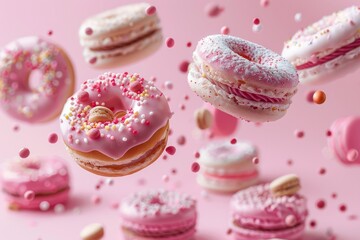 Levitating cake sweets on a pink background