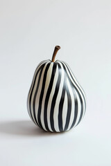 Pear with black and white stripes on white background. Minimal concept. 