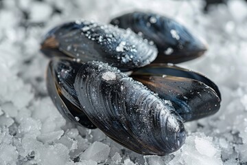 Wall Mural - opened mussels on the ice