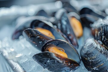 Wall Mural - Fresh seafood mussels on ice