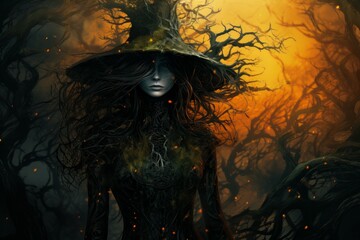 Poster - A reclusive and mysterious witch, living deep in the enchanted forest and harnessing dark magic. - Generative AI