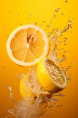 Wall Mural - Vivid Splash of Fresh Lemons with Water Against Yellow Background - Perfect for Summer Design Concepts