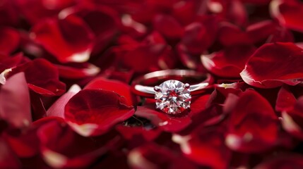 Poster - A diamond engagement ring nestled in a bed of rose petals, symbolizing love and commitment