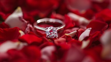 Poster - A diamond engagement ring nestled in a bed of rose petals, symbolizing love and commitment