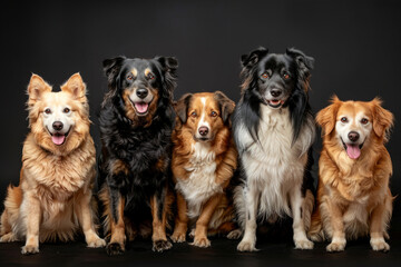 Wall Mural - Group of happy dogs on black background