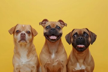 Wall Mural - Group of funny dogs, puppies on a yellow background