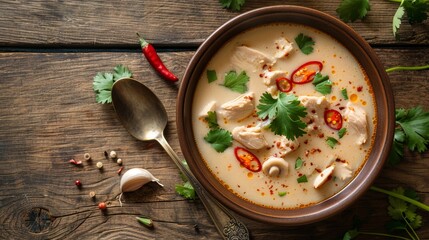 Wall Mural - A bowl of soup with a lot of green herbs and spices