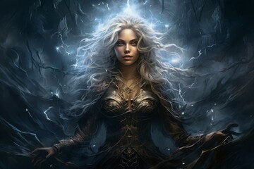 Wall Mural - A storm sorceress, with the ability to summon lightning bolts and control the weather. - Generative AI