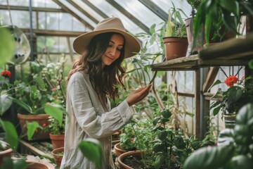 Woman Caring for Medicinal Plants in a Greenhouse - Natural Skincare and Green Lifestyle Concept