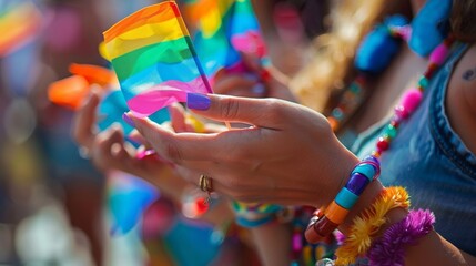 Wall Mural - A woman is holding a rainbow flag and wearing a colorful bracelet