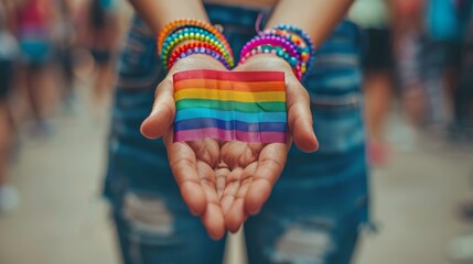 Wall Mural - A woman is holding a rainbow flag and wearing a colorful bracelet