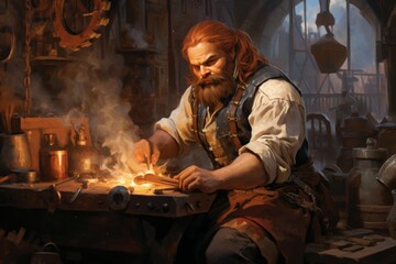 Poster - A dwarven blacksmith, renowned for skill in crafting legendary weapons and armor. - Generative AI