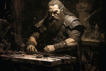 Poster - A dwarven blacksmith, renowned for skill in crafting legendary weapons and armor. - Generative AI