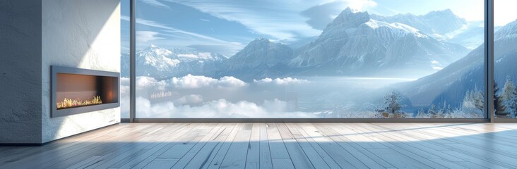 Poster - Beautiful empty room with a fireplace and large window overlooking the mountains, modern interior design, white walls, wooden floor, a winter landscape outside the glass, blue sky