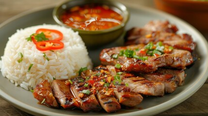 Wall Mural - A plate of grilled pork neck served with sticky rice and a spicy dipping sauce, ready to be enjoyed at a local restaurant