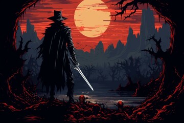 Wall Mural - A vampire hunter, wielding a silvered blade and devoted to eradicating undead creatures. - Generative AI