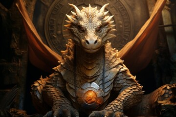 Poster - A wise and ancient dragon, with scales that shimmer in the sunlight and the power of ancient magic. - Generative AI