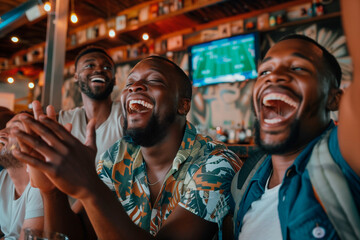 Excited men cheering while watching watching sports game on TV in bar