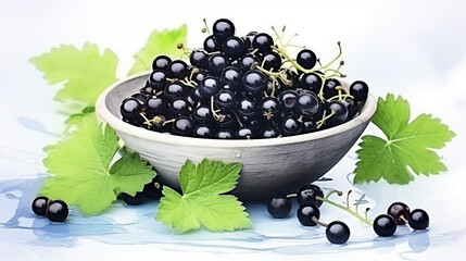 Wall Mural - Double Exposure, White Background, Bowl of Black Currants illustration ~ Created using Generative AI