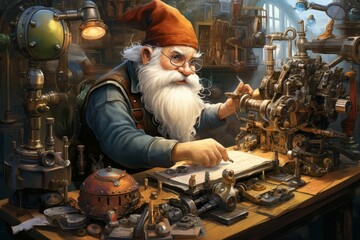 Wall Mural - A quick-witted gnome inventor, creating ingenious gadgets and contraptions to overcome challenges. - Generative AI