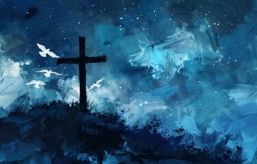 Wall Mural - A cross on the hill against a night sky background, with white doves flying around depicted in blue and black colors Generative AI