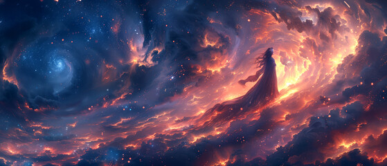 a witch conjuring magic under a starlit sky, surrounded by swirling clouds and flickering firelight