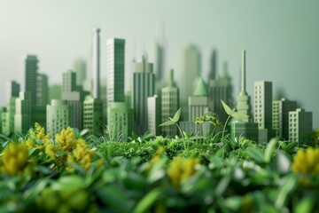 Wall Mural - A cityscape with skyscrapers and a river surrounded by nature concept green living space bokeh style background