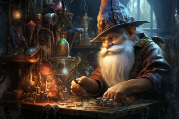 Wall Mural - A quick-witted gnome inventor, creating ingenious gadgets and contraptions to overcome challenges. - Generative AI