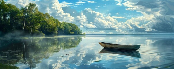 Poster - Serene lake with rowboat at dawn