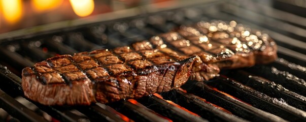 Wall Mural - Juicy beef steak with charred grill marks, sizzling on the barbecue, outdoor setting, appetizing and delicious, highquality stock photo, isolated on white background