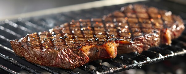 Wall Mural - Juicy beef steak with charred grill marks, sizzling on the barbecue, outdoor setting, appetizing and delicious, highquality stock photo, isolated on white background