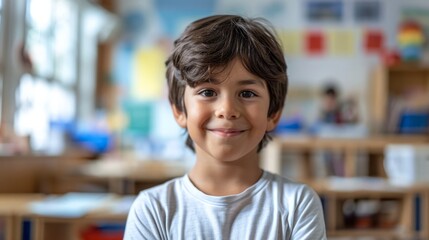 Wall Mural - Portrait of a cute little boy smiling at camera in a classroom