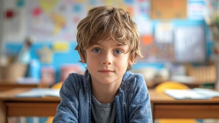 Wall Mural - Portrait of cute boy with blue eyes looking at camera in classroom