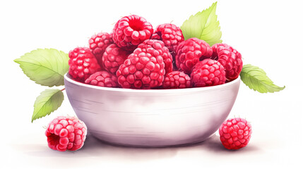 Wall Mural - Double Exposure, White Background, Bowl of Raspberries illustration ~ Created using Generative AI