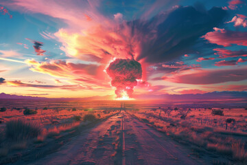 A bright orange and pink sky with a large explosion in the middle