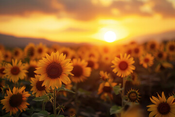 Wall Mural - A field of sunflowers with a bright yellow sun in the background