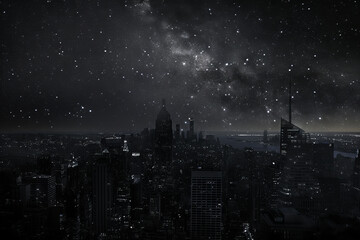 Wall Mural - A city skyline at night with a large amount of stars in the sky