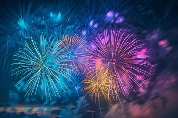 Wall Mural - A fireworks display with a blue, purple, and yellow firework